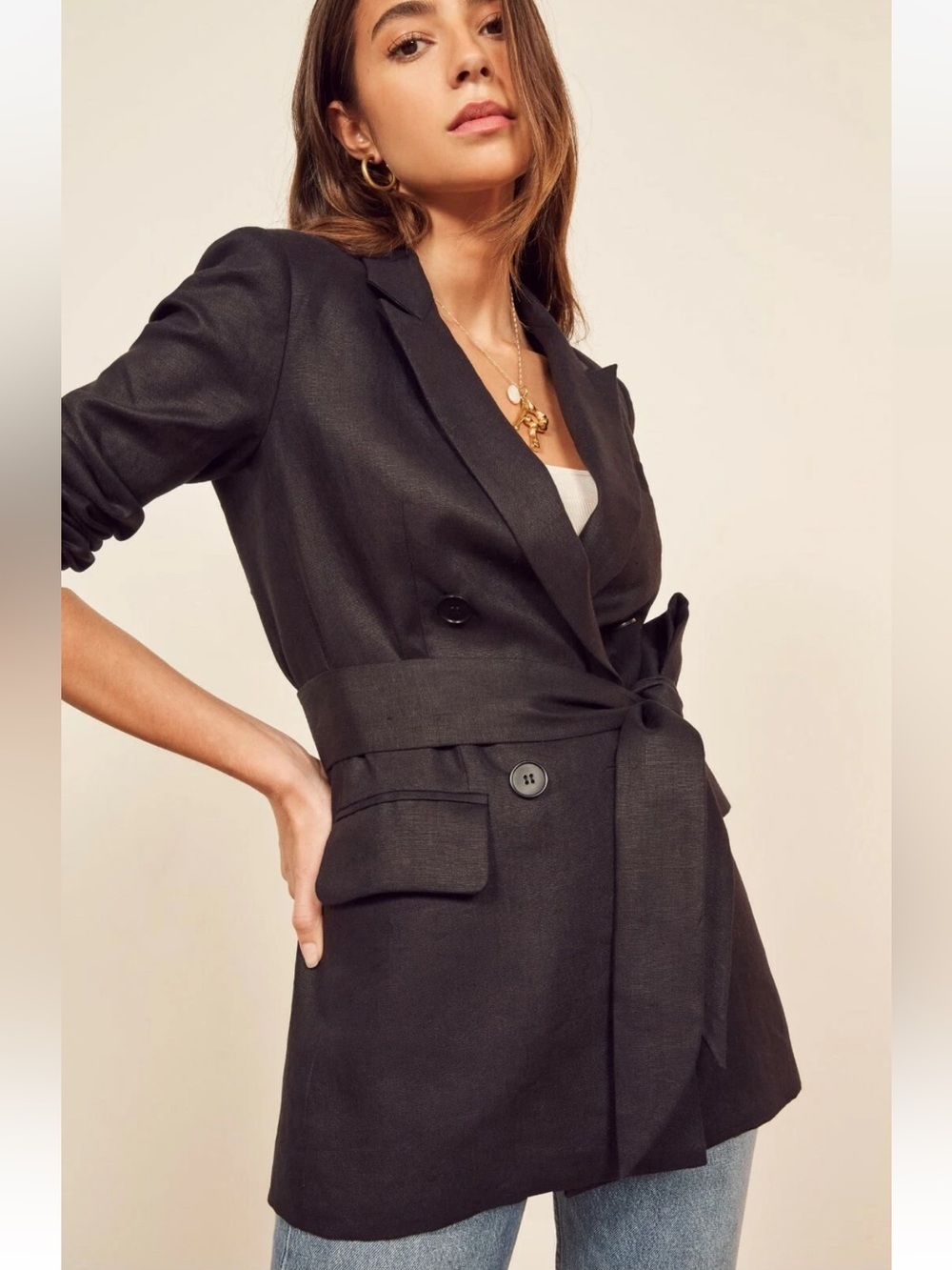 Reformation Rae Black Linen Belted Blazer Jacket Small